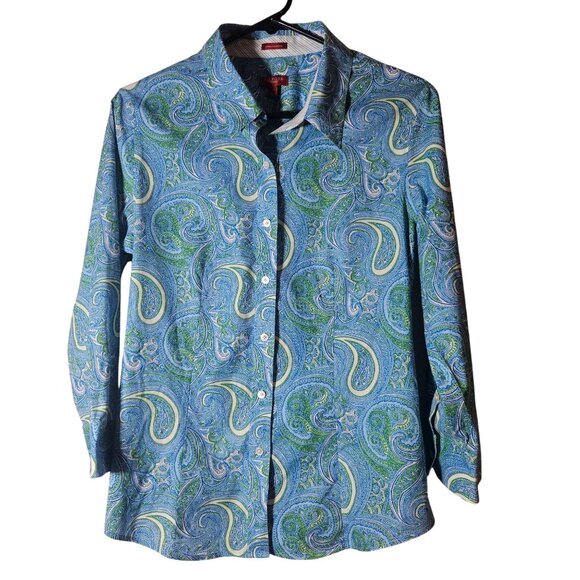 Talbots Women's Paisley Button Front Shirt Blue/Green 10 Preppy Coastal Capsule - Picture 2 of 12
